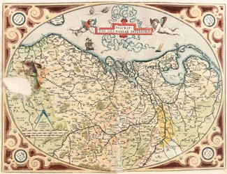 Descriptio Germaniae Inferioris Geographische Karte des Gebiets der Niederländischen Germanen aus „Theatrum Orbis Terrarum“ von Abraham Ortelius