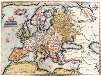 Beschreibung des europäischen Kontinents. Geographische Karte aus „Theatrum Orbis Terrarum“ von Abraham Ortelius