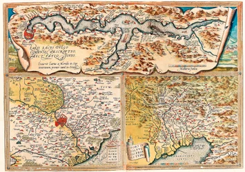 Larii Lacus Vulgo Tertorii Romani Fori Iulii. Geographische Karte von Norditalien aus „Theatrum Orbis Terrarum“ von Abraham Ortelius (Oertel, Ortell oder Ortel)