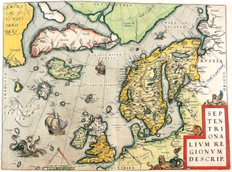 Septentrionalium Regionum Descrip. Geographiekarte von Skandinavien und Nordeuropa aus „Theatrum Orbis Terrarum“ von Abraham Ortelius