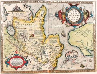 Tartariae Ssive Magni Chami Regni typus Geographische Karte des Tartar-Gebiets aus „Theatrum Orbis Terrarum“ von Abraham Ortelius (Oertel, Ortell oder Ortel)