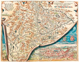 Urbis Salisburgensis genuina descriptio. Geographische Karte des Territoriums von Salzburg in Österreich aus „Theatrum Orbis Terrarum“ von Abraham Ortelius