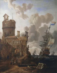 Ein niederländisches Schiff passiert ein Fort
