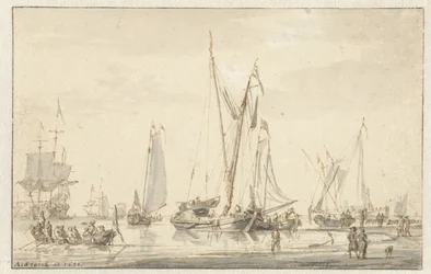 Strandszene mit vertäuten Schiffen