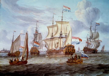 Die Fregatte Peter und Paul im Hafen von Amsterdam. Gemälde von Abraham Storck (17. Jahrhundert)