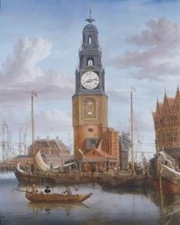 Ansicht des Haringspacker-Turms in Amsterdam, mit einer funktionierenden Uhr im Gemälde, 1684