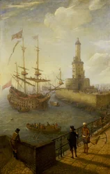 Ein spanisches Dreimastschiff vor der Küste von Neapel (Italien), gesehen von einem gepflasterten Pier in der Stadt, in Richtung Leuchtturm und Gebäude des Mittelmeerhafens