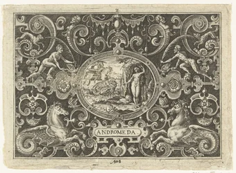 Cartouche: Perseus befreit Andromeda (Ovale cartouches mit voorstellingen uit het leven van Perseus in omlijsting van grotesken)
