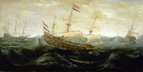 Ein niederländisches Schiff, das auf sehr stürmischer See segelt, mit reduzierten Segeln, in die der Wind hineinströmt. Öl auf Kupfer, um 1625, von Abraham de Verwer (um 1585-1650)