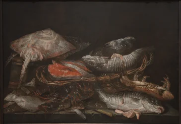 Stillleben mit Fisch auf einem Steintisch