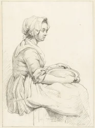 Sitzende Frau mit einer Schüssel auf ihrem Schoß, nach rechts