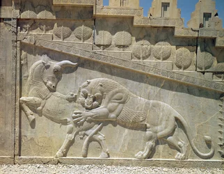 Löwe kämpft mit einem Stier, Relief auf der Osttreppe der Apadana, Achämenidenzeit, ca. 515 v. Chr.