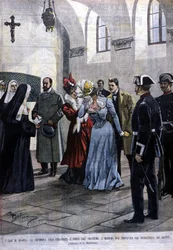 A Madrid, une jeune femme, Mademoiselle Ubao, est arrachée à la vie de religieuse dans un couvent où elle se trouvait par suggestion des Jesuites. Illustration von Beltrame. La Domenica del corriere. 1901