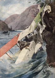 Ein dramatischer Aufklärungsflug: Nach einem Kampf, ohne Motor oder Propeller, schafften es zwei Flieger überraschenderweise, die italienischen Linien zu erreichen und stürzten in den Isonzo-Fluss. Ill. von Beltrame. La Domenica del Corriere. 10/1917