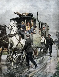 Ein Junge wurde von einer Gruppe Zigeuner in der Nähe von Cernusco sul Naviglio in der Region Mailand entführt. Ill. von Beltrame. La Domenica del Corriere. 09/1909