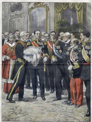Alfonso XIII (1886-1941), König von Spanien bei der Zeremonie der Vorstellung seines Sohnes Alfonso (1907-1938), Graf von Covadonga, Prinz von Asturien. Zeichnung von Achille Beltrame. von 1907.