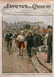 Ankunft von Dorando Pietri (1885-1942) im Marathon, Londoner Olympiade, Illustration von Achille Beltrame aus La Domenica del Corriere, 2.-9. August