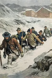Italienische Arbeiter überqueren den St. Bernhard-Pass zwischen Aosta und der Schweiz. Titelblatt von „La Domenica del Corriere“. 14.02.1904. Lithografie.
