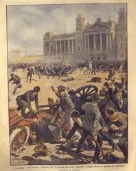 Titelbild von Kämpfen auf dem Parlamentsplatz während der Budapester Rebellion