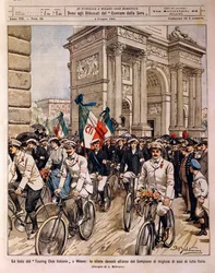 Radfahrerparade am Friedensbogen, Feier des Italienischen Touring Clubs in Mailand, Italien, Illustration von Achille Beltrame aus La Domenica del Corriere, 4. Juni