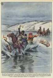 Auf dem Rückweg von einer Taufe, eine rumänische Familie, die mit dem Schlitten über einen zugefrorenen Fluss fuhr