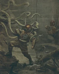 Taucher wird während eines Tauchgangs von einem riesigen Oktopus angegriffen, von Achille Beltrame, Illustration, Illustrator Achille Beltrame (1871-1945), aus La Domenica del Corriere, 25. Oktober 1908