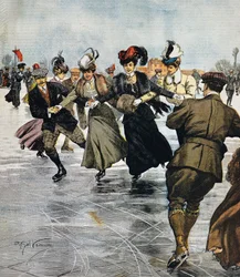 Modische Freizeitbeschäftigungen, Eislaufen, Illustration von Achille Beltrame, aus La Domenica del Corriere, 27. Januar