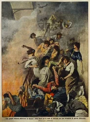Feuer in großer amerikanischer Textilfabrik: Arbeiter auf Treppenhaus, Illustration von Achille Beltrame, aus La Domenica del Corriere, 10. August