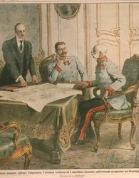 Franz Joseph I., Kaiser von Österreich, erörtert die Besetzung Montenegros, Titelbild aus La Domenica del Corriere