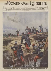 Modernster Krieg, deutsches Flugzeug in französische Schützengräben bei Soissons abgeschossen