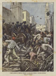 Die schweren Unruhen von Cerignola (Foggia), die Kavallerie zerstreut die aufständischen Bauern