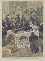 Die Könige besuchen den Leichnam von Umberto I. bei ihrer Ankunft in Monza am Nachmittag des 1. dieses Monats