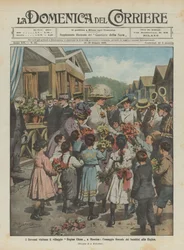 Die Herrscher besuchen das Dorf Regina Elena in Messina, die Blumenehrung der Kinder an die Königin