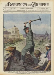 Der Duce schlägt den ersten Pickelschlag, um das Gebiet für die Mole Littoria zu befreien