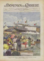 Der Stapellauf des großen Schlachtschiffs Regina Margherita in La Spezia am 30. Mai