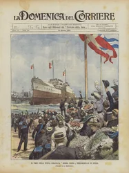 Der Stapellauf des neuen Schlachtschiffs Regina Elena im Arsenal von Spezia