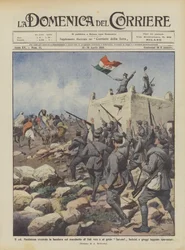 Il col Maddalena hisst die Flagge auf dem Marabut von Sidi Aziz und ruft Savoia!