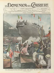 Der Stapellauf des großen Schlachtschiffs Dante Alighieri in Anwesenheit der Herrscher auf der Werft von Castellammare di Stabia