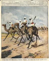 Einheimische Truppen aus der eritreischen Kolonie in Tripolitanien, Illustrator Achille Beltrame, aus La Domenica del Corriere, 25. Februar 1912