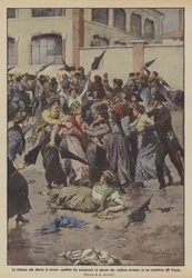 Die Gewalt gegen die Arbeitsfreiheit, Konflikt zwischen Streikenden und Arbeiterinnen, die arbeiten wollen