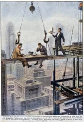 Mahlzeit von zwei Vorarbeitern im Gleichgewicht auf dem Rahmen eines Wolkenkratzers in New York - Zeichnung von A. Beltrame, in „La Domenica del Corriere“