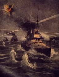Unsere Torpedoboote wagen einen Vorstoß in die Dardanellen unter feindlichem Beschuss, Illustration von Achille Beltrame aus La Domenica del Corriere