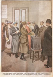 Politische Wahlen in England: Frauen wählen zum ersten Mal, Illustration von Achille Beltrame