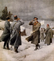 Wiederaufnahme des Krieges, Türkischer Parlamentarier kommt im bulgarischen Lager an und überbringt Nachricht über das Ende des Waffenstillstands, von Achille Beltrame, Illustration aus La Domenica del Corriere, 9. Februar