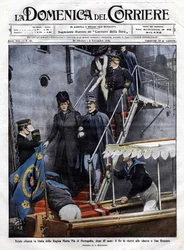 Traurige Rückkehr nach Italien von Königin Maria Pia von Portugal nach 48 Jahren: Der italienische König Viktor Emanuel III. empfing sie in San Rossore in der Toskana. Illustration von Beltrame. La Domenica del Corriere. 6. November 1910