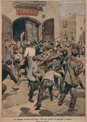 Schwere Arbeitskräftemangel in Apulien, Öfen werden von Cerignolas Arbeitslosen gestürmt, von Achille Beltrame, Illustration, Illustrator Achille Beltrame (1871-1945), aus La Domenica del Corriere, 20. Dezember 1908