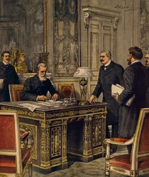 Unterzeichnung der französisch-italienischen Schiedsgerichtsvereinbarung in Paris, von Achille Beltrame, Illustration, Illustrator Achille Beltrame (1871-1945), aus La Domenica del Corriere