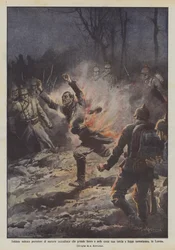 Deutscher Soldat, der Brandmaterialien trägt, fängt Feuer und brennt wie eine Fackel und flieht