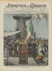 Feierliche Hissung der Schlachtflagge auf dem neuen Schlachtschiff Roma in Civitavecchia, am 3. dieses Monats