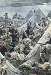 Südafrika. Zweiter Burenkrieg. Angriff auf das englische Lager von Tweefontein (1902). Illustration von Achille Beltrame. Stich.